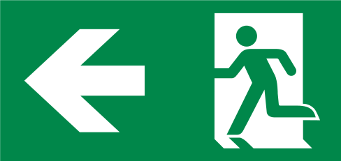 Pictogramsticker vluchtend persoon in deur, pijl links (ISO7010)
